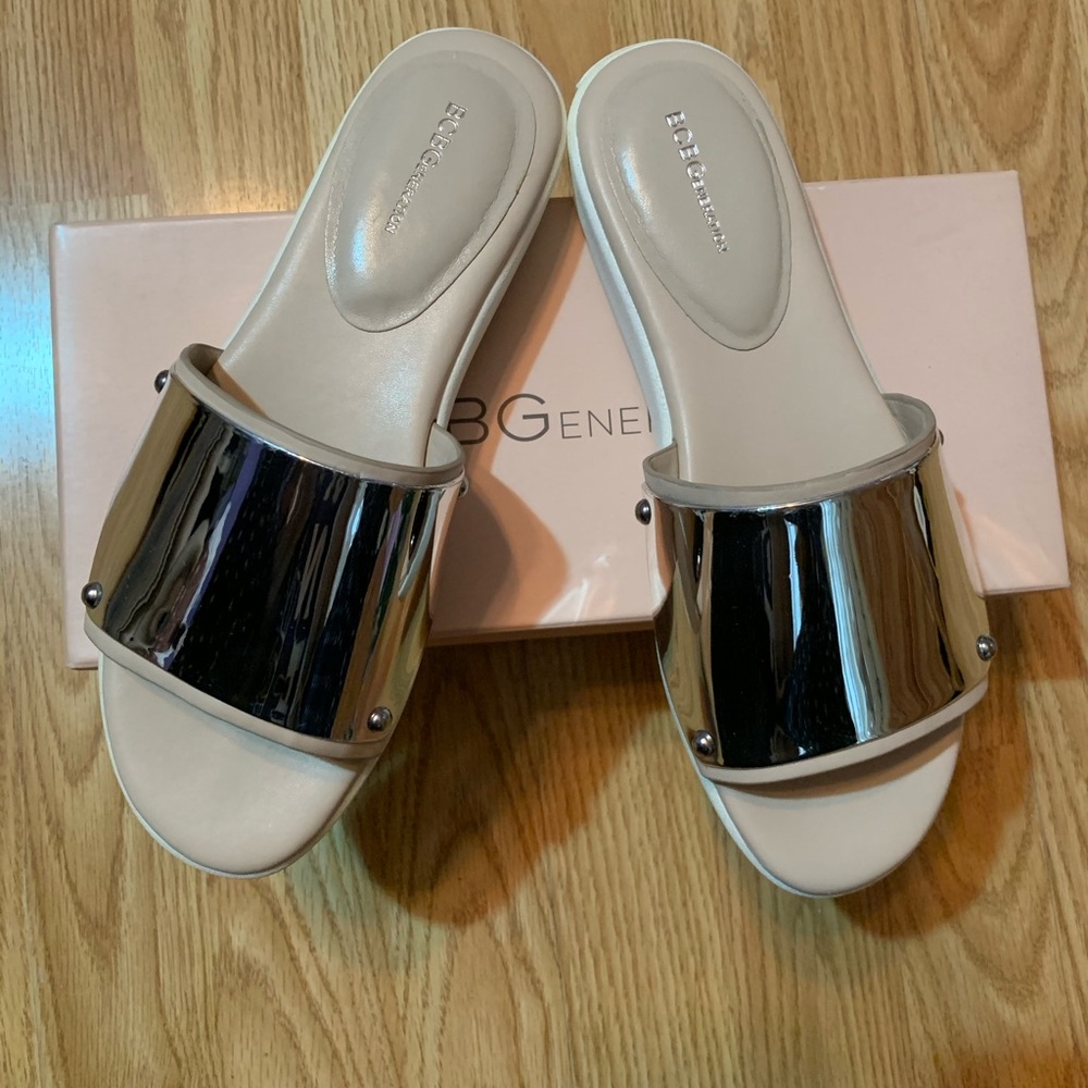 BCBGeneration Metallic Silver and Cream Slide Sandals